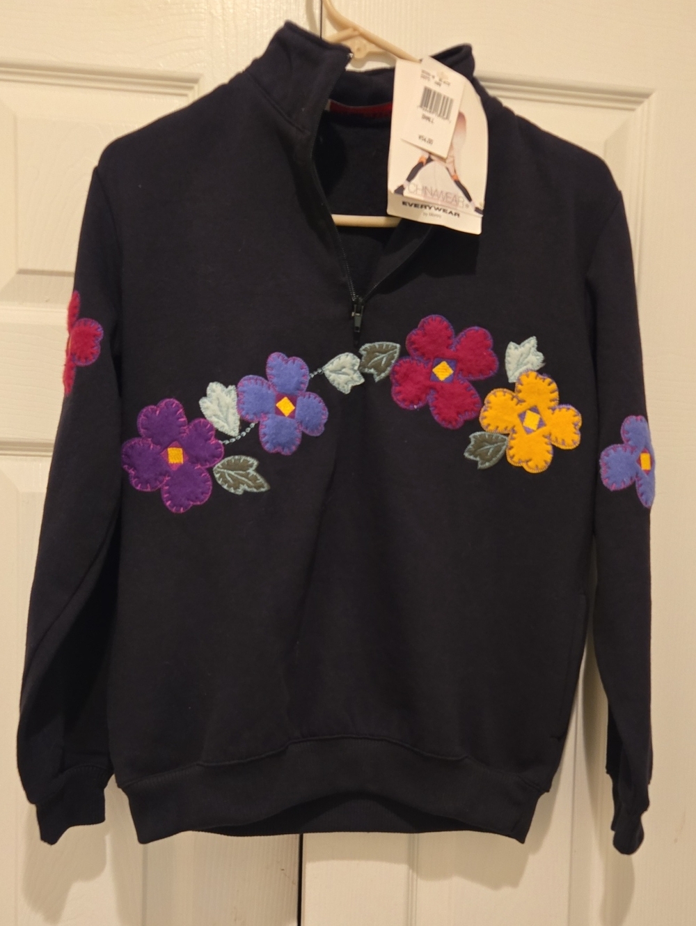 Chinawear  Navy Floral Appliqué Quarter-Zip Sweater Size Small Nwt